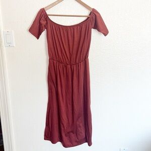 Greathe Rust Off Shoulder Mid Length Light Weight Polyester Summer Dress